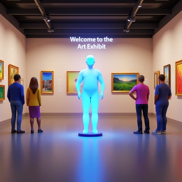 An AI hologram in a futuristic design, with a semi-transparent appearance, is standing in the center of a well-lit art museum exhibit. The hologram is displaying "Welcome to the Art Exhibit" in an elegant font above its figure. Surrounding the hologram are various art pieces, including colorful paintings and sculptures, with visitors engaged in observing the artwork. The museum walls are adorned with descriptions of the art displayed, providing context to the visitors. Soft lighting accentuates the artworks, creating a vibrant atmosphere.