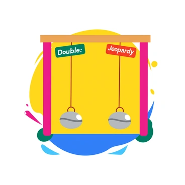 Two pendulums swinging in opposite directions, one marked with the word "Double" in bold green letters and the other marked with the word "Jeopardy" in bold red letters. The pendulums hang from a wooden beam in a brightly colored room. Each pendulum has a shiny metallic weight at the bottom, reflecting light as they move. The background features playful geometric patterns in a variety of colors, enhancing the lively atmosphere.