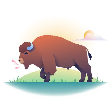 A lone bison with a shaggy brown coat is standing majestically on a grassy hill. The bison's large frame and curved horns are silhouetted against the warm glow of the rising sun. Soft rays of light cascade over the hill, illuminating the green blades of grass below. The sky is transitioning from dark blue to soft shades of orange and pink, creating a beautiful backdrop for the scene. The bison's breath can be seen in the cool morning air, adding a touch of life to the tranquil atmosphere.