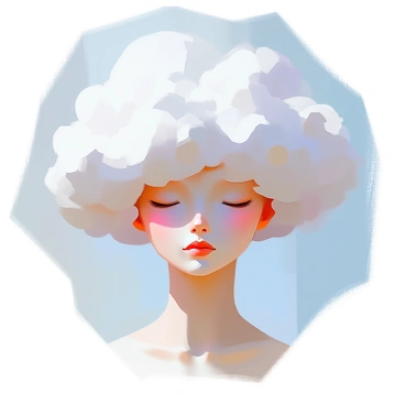 A close-up of a human head with soft, fluffy clouds forming the hair. The head has a neutral expression, and the skin tone is light, with delicate facial features. The clouds are white and puffy, cascading down like waves, creating a whimsical and ethereal appearance. The background is a gradient of pale blue, enhancing the dreamlike quality of the scene.