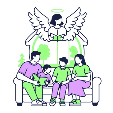 An angel with large, detailed wings is hovering above a family gathered in their living room. The angel is gazing down at the family with a serene expression. The family consists of a father, a mother, and two children sitting on a cozy couch. The father is reading a book to the children, while the mother is smiling, looking at them. Behind the family, a window shows a glimpse of a sunny day outside, with a small tree visible in the yard. The angel has a soft glow surrounding it, emphasizing its presence as a figure of protection and care.