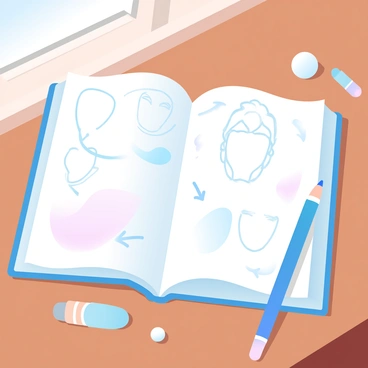 An art manual open, showing a step-by-step guide to drawing a portrait