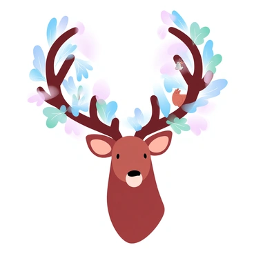 A deer stands proudly with large, intricate antlers that seamlessly transform into a miniature forest landscape. The antlers are adorned with tiny trees of various shapes and sizes, showcasing vibrant foliage in gradient pastel colors. Small woodland creatures can be seen nestled among the branches, including a rabbit and a squirrel, adding life to the scene. The deer’s body is a rich brown, contrasting with the soft colors of the forest above. The background features a gentle blend of pastel hues, enhancing the overall ethereal quality of the composition.