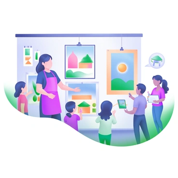 An illustration teacher stands confidently in front of a display of student artworks at an art exhibition. The teacher is wearing a colorful apron and gesturing toward a large, framed painting that captures attention. Various art pieces, including paintings and sketches, are hung on the walls, showcasing a range of styles and techniques. A small group of visitors, including adults and children, are gathered around the artwork, admiring the details. Some visitors are discussing the pieces, while others are taking notes or photographs. The atmosphere is vibrant and filled with the excitement of creativity.