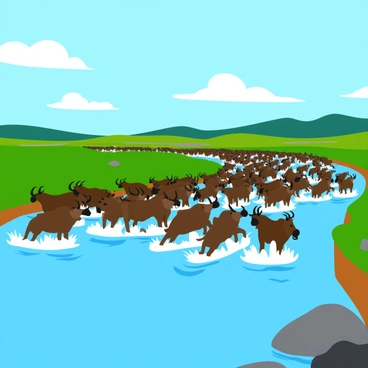 A massive herd of wildebeests is crossing a wide river as part of the Great Migration. The wildebeests are depicted in various poses, some leaping through the water while others are mid-stride with splashes surrounding them. The riverbanks are lined with green grass and a few scattered rocks. In the background, there are distant hills under a bright blue sky dotted with fluffy white clouds. The scene captures the energy and movement of the herd as they make their way across the river.