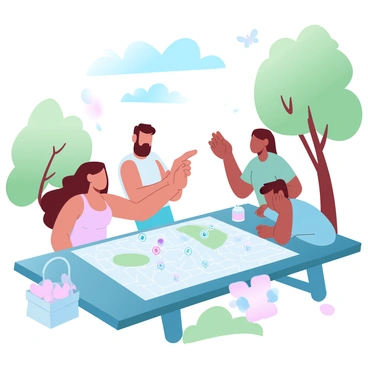 A group of four friends is gathered around a large map spread out on a picnic table in a park. The map features various park trails and landmarks marked with colorful icons. One friend is pointing at a specific location on the map, looking puzzled. Another friend has a hand raised in confusion, while a third friend leans in closer to examine the map, looking intrigued. In the background, there are trees with lush green leaves and a clear blue sky above. Nearby, a picnic basket and some drinks are placed on the table, adding to the casual atmosphere. A few butterflies are fluttering around the scene.