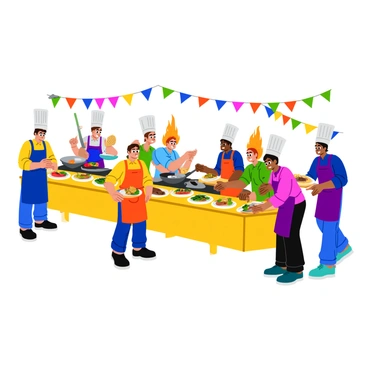 A group of chefs in colorful uniforms are actively cooking at an open-air culinary festival. Each chef is focused on their station, with flames rising from grills and vibrant vegetables being chopped on wooden cutting boards. Delicious dishes are being showcased on long tables, featuring a variety of vibrant plates with colorful salads, grilled meats, and aromatic sides. The atmosphere is lively, filled with the sounds of sizzling pans and cheerful interactions among festival-goers sampling the dishes. Bright banners and flags flutter in the breeze above the chef stations, adding to the festive setting.