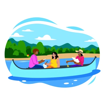 A group of three artists in a light blue canoe, each focused intently on their individual sketchbooks. One artist, with curly brown hair, is sketching a vibrant green forest reflected in the water, while another, with long black hair, captures the blue sky dotted with fluffy white clouds. The third artist, wearing a wide-brimmed straw hat, is drawing the shoreline with blooming wildflowers in bright colors. The canoe gently drifts along the calm water, surrounded by lush greenery and the distant outline of hills.