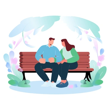Two friends are seated on a wooden park bench surrounded by lush greenery. One friend is wearing a blue shirt and the other is in a green sweater. They are both leaning slightly towards each other, animatedly discussing something of interest. Nearby, there are colorful flowers blooming, adding vibrant hues to the scene. A gentle breeze causes a few leaves to flutter down from the trees above. The sun filters through the branches, casting soft shadows on the ground around them.