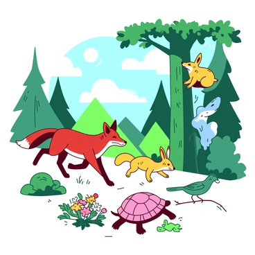 A group of diverse animals playing together in a sunlit forest clearing