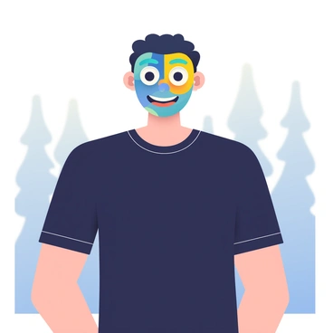 A person is standing in the center of the image wearing a mask that features large, expressive eyes. The eyes of the mask display a range of emotions, with one eye showing happiness and the other reflecting sadness. The mask is intricately designed with vibrant colors, including shades of blue and yellow. The person has short black hair and is dressed in a simple black t-shirt. They are in an outdoor setting with soft lighting, which enhances the emotional contrast presented by the mask. In the background, there are blurred silhouettes of trees that add depth to the scene.