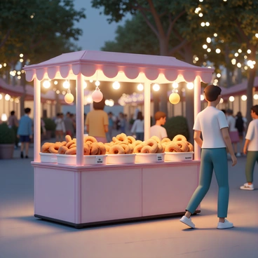 A market stall is set up outdoors during the evening, displaying a variety of churros arranged neatly in baskets. The stall is decorated with soft, glowing fairy lights, creating a warm and inviting atmosphere. There are small signs indicating different flavors of churros such as chocolate, cinnamon, and vanilla. The background features people strolling around, some stopping to admire the churros, while trees are illuminated with twinkling lights, adding to the festive mood.