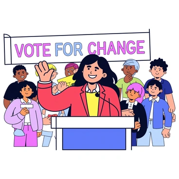 A woman standing at a podium during a political rally. She has long dark hair and is wearing a bright red jacket. Her expression is intense and focused as she raises one hand emphatically, emphasizing her points. Behind her, there are banners displaying "Vote for Change" in bold letters. The crowd is blurred in the background, with a diverse group of people holding signs and looking attentively at her.
