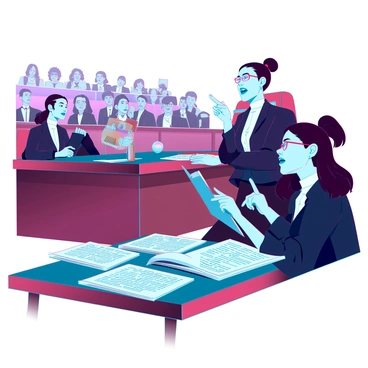 A courtroom artist with medium brown hair tied back, wearing glasses, is focused on sketching a scene during the "Roe v. Wade" trial. She sits at a wooden table cluttered with art supplies, including pencils and large sketch pads. In front of her, a judge, dressed in a black robe, presides over the case, seated behind a tall bench with a gavel in hand. The courtroom is filled with spectators sitting on wooden benches, intently watching the proceedings. An array of legal documents, a microphone, and a few lawyers in suits can be seen in the foreground, adding to the atmosphere of the courtroom. The artist’s gaze is concentrated on the witness stand, where a witness passionately speaks, gesturing with one hand while holding a folder in the other.