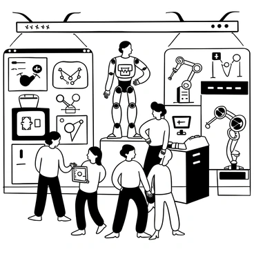 A futuristic laboratory filled with advanced scientific equipment and sleek machinery. In the center, several scientists in lab coats are gathered around a humanoid robot that stands on a pedestal, with intricate mechanical components visible. One scientist is adjusting a panel on the robot's chest, while another is taking notes on a digital tablet. Various robotic arms and tools are mounted on the walls, and a large screen displays complex data and schematics related to the robots. The floor is a shiny surface, and bright, overhead lights illuminate the scene, creating a high-tech atmosphere.
