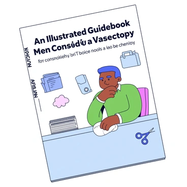 A guidebook cover featuring the title "An Illustrated Guidebook for Men Considering a Vasectomy" in bold, clear letters at the top. The cover includes a cartoon-style illustration of a thoughtful man sitting at a table with a stack of medical brochures beside him. He has a slightly furrowed brow, suggesting he is contemplating his decision. In the background, there are playful icons representing health, such as a stethoscope and a doctor's briefcase. At the bottom, there is a small illustration of a pair of scissors, symbolizing the procedure, and the overall color scheme is soothing with shades of blue and green.