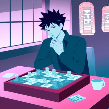 A young man with spiky black hair and a dark green jacket is sitting at a wooden table, playing a game of shogi. He has a pensive expression, with one hand resting on his chin as he stares intently at the board in front of him. The shogi pieces are intricately designed, showcasing traditional Japanese motifs. The background features a dimly lit room with paper lanterns casting a warm glow, adding to the atmosphere of concentration. A few crumpled notes and a cup of tea are scattered around the table, indicating a long session of strategic thinking.