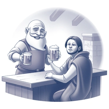 A jolly dwarf innkeeper stands behind a wooden bar, smiling as he serves a frothy mug of ale. He has a bushy beard and wears a simple tunic, with an apron tied around his waist. The innkeeper's hands are large and sturdy, and he holds the mug with a cheerful grip. In front of him, a weary traveler sits at the bar, appearing tired but grateful. The traveler wears a travel-worn cloak and has a rugged appearance, with a weary expression softened by the sight of the ale. The warm, rustic interior of the inn is visible around them, with wooden beams and a stone fireplace in the background.