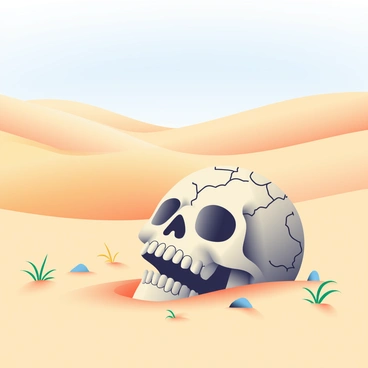 A weathered skull with cracks and a rough texture is half-buried in the golden sands of a vast desert landscape. The surrounding area features rolling dunes, casting soft shadows in the late afternoon light. Sparse tufts of dry grass and small rocks are scattered around the skull, adding detail to the scene. In the distance, a clear blue sky contrasts with the warm tones of the sand, suggesting an arid climate. The overall composition focuses on the skull as a prominent element within the expansive desert environment.
