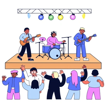 A band consisting of four musicians is playing on a wooden stage. One musician is playing an electric guitar, another is seated at a keyboard, while the third is on drums, and the fourth is singing into a microphone. The musicians are dressed in casual clothing. In the foreground, an enthusiastic audience is clapping and dancing. Some audience members have their hands raised, while others are swaying to the music. The background features colorful stage lights shining down on the band and audience.
