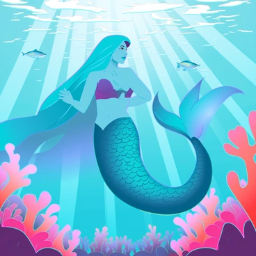 A mermaid with long flowing hair in shades of blue and green, adorned with shimmering scales that reflect light, is swimming gracefully through a coral reef. Her tail is elegantly elongated, transitioning from teal to deep azure, with intricate patterns that mimic the shapes of the surrounding corals. Brightly colored coral formations in shades of pink, orange, and purple surround her, providing a lively backdrop. Small tropical fish with iridescent bodies dart around her, adding movement to the scene. Sunlight filters down through the water, creating a dappled effect on the ocean floor.