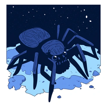A large, menacing spider with dark, glossy black legs is prowling on the rocky ground. The spider's body is covered in intricate patterns that glisten under the moonlight. Above, a starry night sky is filled with countless twinkling stars, forming constellations that illuminate the scene. The ground is uneven and littered with small stones, creating a natural habitat for the spider. The atmosphere is tense as the spider moves silently, its eyes reflecting the starlight.