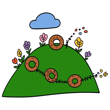 A grassy hill with several round bagels rolling down the slope like wheels. The bagels are golden brown with sesame seeds sprinkled on their surface. In the background, there are colorful flowers blooming in various shades and a few fluffy clouds in the blue sky above. The scene conveys a sense of movement and fun as the bagels pick up speed, leaving small trails of grass behind them.