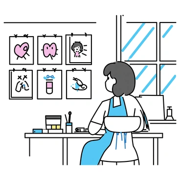 Martha Sensei is sitting at a wooden table in her art studio. She has shoulder-length dark hair and is wearing a light blue apron over a white shirt. Around her, there are several Throtem illustrations pinned to the walls, featuring various characters and designs. Bright natural light is streaming through a large window, highlighting the colors of her artwork. On the table, there are art supplies including brushes, tubes of paint, and sketchbooks scattered about.
