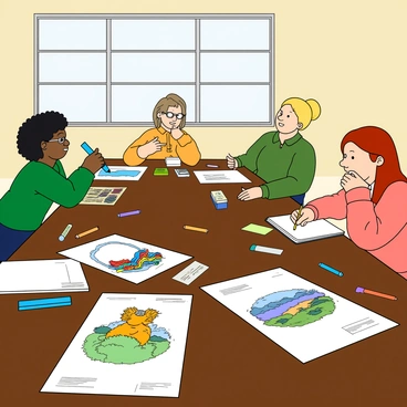 A large conference table made of dark polished wood, covered with various illustrations and sketches. Several editors and artists are gathered around the table, engaged in discussion. One artist has short, curly black hair and wears glasses, holding a bright blue marker while pointing at a colorful illustration of a whimsical creature. An editor with medium-length blonde hair and a green shirt is taking notes on a notepad, her brow furrowed in concentration. Another artist, with long red hair tied up in a bun, is leaning forward with a thoughtful expression as she examines a vibrant landscape drawing. The table is cluttered with art supplies, including markers, colored pencils, and post-it notes, creating a lively and creative atmosphere. A large window in the background lets in natural light, illuminating the illustrations on the table.