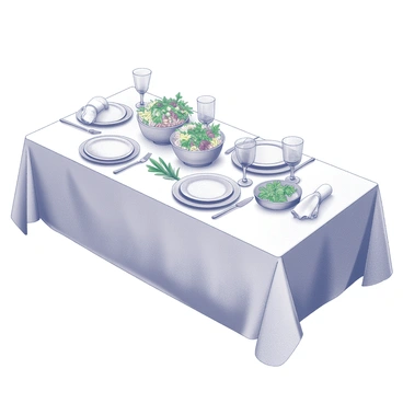 A dinner table set for a meal. The table is covered with a crisp white tablecloth. Elegant dinnerware is arranged neatly, featuring plates, utensils, and glasses. In the center, a variety of vegan dishes is displayed on large serving platters. There are colorful salads in bowls, showcasing vibrant greens and other vegetables. The table also features smaller plates with appetizers and dips. Soft linen napkins are folded artfully beside each plate. Fresh herbs are used as table decorations, adding texture and detail to the scene.
