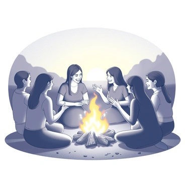 A group of friends gathered around a bonfire, seated on the ground and leaning against each other. The bonfire crackles with vibrant flames, casting flickering shadows on their faces. Each person is engaged in sharing stories and laughter, creating a warm atmosphere. A Maria Clara, dressed in a traditional gown, is in the center of the group, animatedly gesturing while speaking. The sunset is visible in the background, with the sky transitioning from bright to dark, and silhouettes of trees framing the scene. The ground is scattered with small stones and twigs, and smoke gently rises from the bonfire.