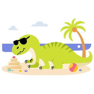 A T-Rex with green scales is lying on a sandy beach under a bright sun. The dinosaur is wearing oversized black sunglasses perched on its snout. It has tiny hands busy forming a sandcastle, which is decorated with colorful seashells. In the background, there are palm trees swaying gently in a light breeze, and a bright blue ocean stretches out to the horizon. A beach ball rests nearby, completing the cheerful beach scene.