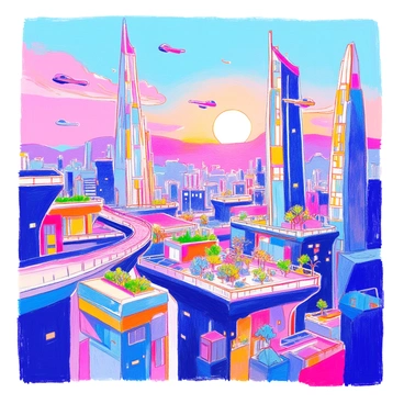 A futuristic city skyline features tall buildings with sleek glass facades and geometric shapes. The architecture includes curved structures and intricate designs with solar panels integrated into the surfaces. Elevated walkways connect the buildings, and green rooftop gardens are visible. Bright lights illuminate the skyline, creating a vibrant atmosphere as the sun sets in the background, casting a warm glow over the city. A few flying vehicles can be seen in the sky, adding to the advanced technology theme of the city.