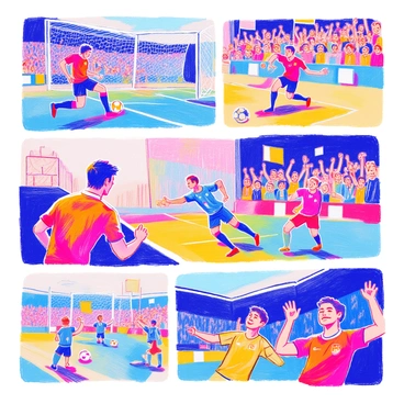 A montage of key moments from a soccer match is displayed across a series of panels. In the first panel, a player in a red jersey is captured mid-kick as the ball soars toward the goal. The goalkeeper in a blue jersey dives to make a save in the second panel, his face showing intense concentration. In the third panel, fans in the stands are cheering, their faces filled with excitement and joy as they wave flags and banners. The sequence continues with another goal being scored, showing the ball hitting the back of the net, followed by a close-up of a player celebrating with his teammates. The final panel highlights a tense moment as a player narrowly avoids a foul, showcasing the urgency of the match.