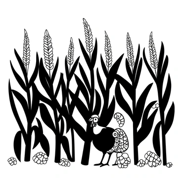 A wild turkey standing amidst tall stalks of corn, which tower around it. The turkey is partially concealed, with only its body visible among the foliage. The cornfield has a dense arrangement of green stalks, reaching high toward the sky. Sunlight filters through the leaves, casting shadows on the ground. The ground is covered in a mix of soil and fallen corn husks.