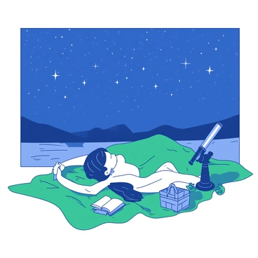 A couple is lying on a green blanket spread across the ground, gazing up at a deep blue night sky filled with countless twinkling stars. One partner is resting on an elbow, while the other is lying flat on their back, with arms stretched out. Beside them, there is a silver telescope pointed toward the heavens, its body reflecting some of the starlight. A few scattered books and a small picnic basket are placed near the corners of the blanket, adding to the cozy atmosphere of the scene.