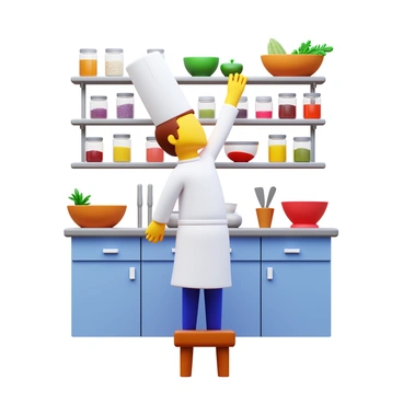 A chef wearing a white chef's coat and a tall chef's hat is standing on a wooden stool. The chef is stretching upward with one arm extended to reach for various colorful ingredients on a high shelf. The shelf is filled with jars of spices, fresh herbs, and bowls of fruits and vegetables. The kitchen is bright and organized, with utensils and pots visible in the background. The chef has a focused expression as they strive to gather the necessary items for their dish.