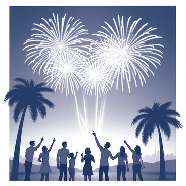 Fireworks exploding in the night sky, creating intricate patterns of light and shapes. The scene captures various bursts of sparkling light, illuminating the skyline. Below, silhouettes of palm trees can be seen framed against the brilliant display, while a group of people gathers, looking up in awe. Some are raising their hands in celebration, while others are smiling and pointing at the colorful spectacle above. The atmosphere is filled with joy and excitement, as the fireworks dazzle with their vibrant forms.