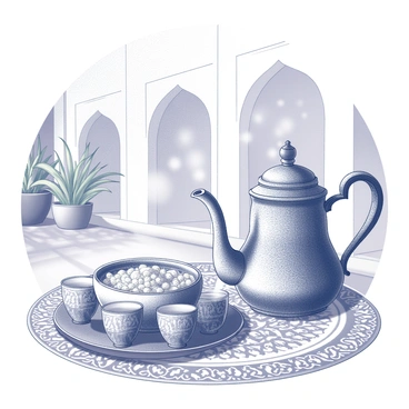 A bowl of couscous is placed on a decorative table, which is adorned with intricate patterns typical of Moroccan design. Beside it, a traditional teapot, intricately engraved, is steaming as it sits atop a matching tray. Several small tea glasses, patterned and reflective, are arranged around the pot. The setting features a background of arched doorways and vibrant textiles, with potted plants adding a touch of greenery.