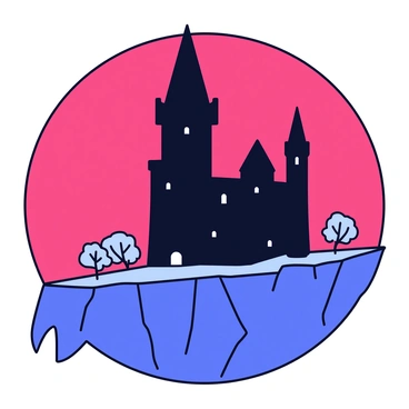 A tall, dark castle with towering spires sits on the edge of a rugged cliff. The castle features sharp, angular structures and a few small, arched windows. Behind the castle is a vibrant blood-red sky, creating a dramatic backdrop. The cliff is rocky and jagged, enhancing the castle's imposing presence. Surrounding the cliff are sparse, leafless trees that add to the overall somber mood of the scene.