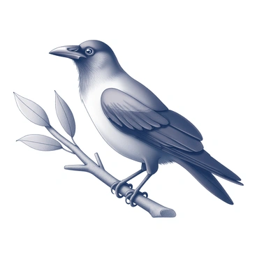 A crow perched on a branch. The bird's wings are outstretched, displaying intricate feather patterns. The crow's head is turned slightly to the side, revealing its sharp eyes and beak. The branch is sturdy and textured, with detailed bark that shows signs of age. Surrounding the branch are muted leaves, creating a natural setting for the crow’s pose.