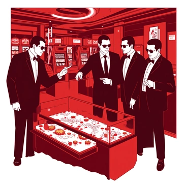 A red luxury casino with bright lights and glimmering slot machines is bustling with glamorous patrons. In the foreground, a group of four mafia members, all wearing sharp black suits with white shirts and dark sunglasses, is gathered in a strategic huddle. One member is pointing towards a large glass display case filled with gleaming gold and jewels. Nearby, a tall security guard is distracted, allowing an opportunity for the heist. The atmosphere is tense, with a sense of urgency as the mafia members exchange quick glances and nods, preparing for their next move.