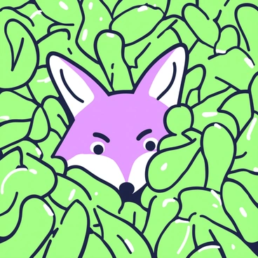 A fox face is peeking out from behind dense foliage in a forest. The fox has sharp, pointed ears and bright eyes that are focused and alert. Surrounding the fox is an abundance of leaves and branches, creating a rich tapestry of textures. The foliage is lush and thick, with varying shapes and sizes of leaves framing the fox’s face, partially concealing it. The scene conveys a sense of natural habitat, with soft shadows and highlights playing across the leaves, enhancing the depth of the forest environment.