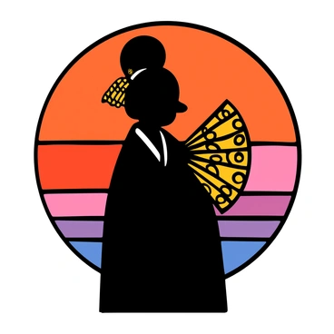 A silhouette of a geisha with a traditional kimono, holding an ornate fan with intricate designs. The geisha has her hair styled in an elegant updo, adorned with delicate hairpins. The background features a vibrant sunset sky, filled with shades of orange, pink, and purple, creating a dramatic contrast against the dark silhouette. The fan is slightly open, showcasing a hint of its elaborate patterns, adding to the overall elegance of the scene.