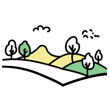 A tranquil landscape featuring rolling hills with smooth curves. The hills are adorned with various trees, each displaying intricate, ornamental patterns. The trees have a variety of shapes and sizes, their trunks standing tall among the greenery. The sky above is clear with soft, fluffy clouds scattered across it. The overall scene captures the beauty of nature with its decorative elements enhancing the hills and trees.