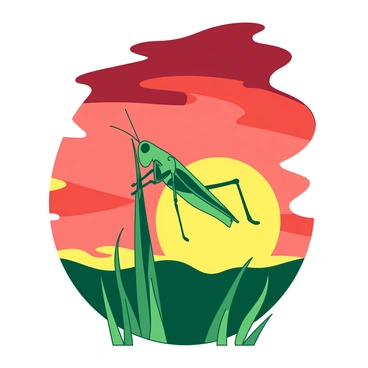 A green grasshopper is perched on a tall stalk of grass, its legs positioned as if it's ready to leap. The sky behind it is filled with vibrant shades that blend together in a stunning display of colors. Hues of red and yellow dominate the horizon, creating a striking backdrop for the scene. The sun is setting low, casting warm light across the grasshopper's body, highlighting its delicate features and giving a glow to the green of the grass. The grass around the stalk sways gently in the breeze, completing the serene setting.