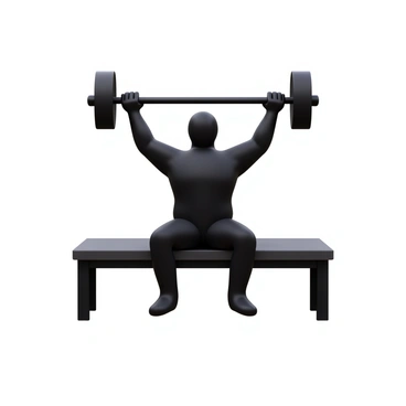 A 3D icon of a person in a strong silhouette performing a bench press. The figure is positioned on a bench with arms extended upward, holding a barbell above their chest. The silhouette is solid black, emphasizing the posture and strength of the lift. The bench is depicted in a simple, modern design, complementing the figure's form. The background is plain, allowing the focus to remain on the person and the bench press action.