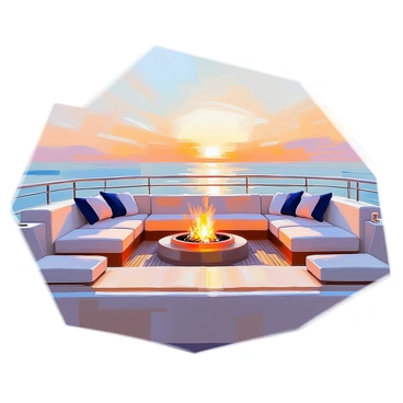 A cozy lounge area is arranged around a small, warm firepit on the deck of a yacht. Comfortable seating includes plush cushions in shades of navy blue and white, arranged in a semi-circle around the firepit. The firepit emits a gentle glow, casting soft light on the surrounding space. A small table nearby holds a few drinks and snacks, enhancing the inviting atmosphere. The yacht's polished wooden deck contrasts with the soft textures of the cushions, creating a harmonious setting. The ocean stretches out beyond, hinting at a picturesque sunset on the horizon.