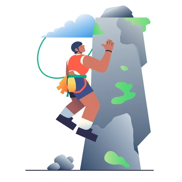 A rock climber with a tanned complexion is scaling a challenging cliff face. He is wearing a bright orange climbing harness and a black helmet. His muscular arms are extended as he reaches for a rocky ledge above him. The cliff surface is rugged, with patches of gray rock and some green moss. Below, a few boulders rest on the ground, and a bright blue sky is visible overhead, creating a striking contrast with the earthy tones of the cliff. The climber's focused expression shows determination as he prepares to pull himself up onto the ledge.