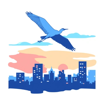 A blue heron is gracefully flying above a city skyline during dawn. The sky is a mix of soft orange and pale blue hues as the sun begins to rise. Below, the city buildings are silhouetted against the lightening sky, with some windows reflecting the early sunlight. The heron's wings are outstretched, capturing the morning breeze as it glides effortlessly above the bustling city.